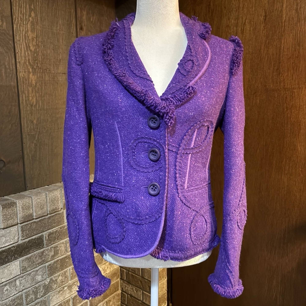 Vtg Moschino Cheap & Chic Wool Purple Asymmetric Swirl Blazer Fringe 10
